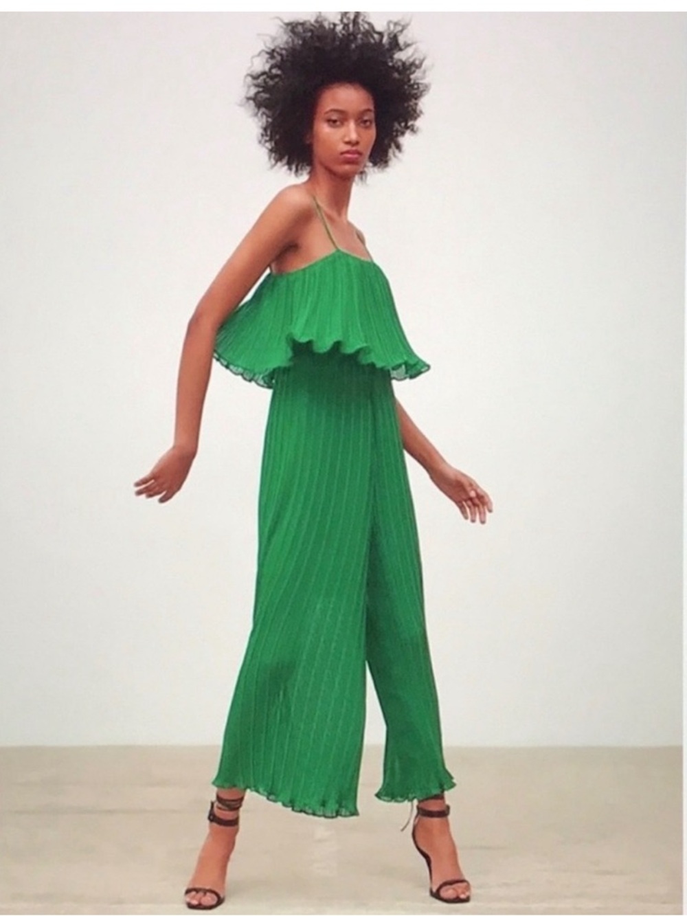 Zara Emerald Green Pleated Spaghetti-Strap Jumpsuit